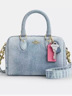 Coach Mini Rowan Crossbody Bag In Loved Denim With Charms
